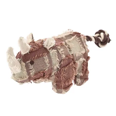 Shaggy patchwork rhinoceros plush dog toy with brown plaid fabric and a braided rope tail.