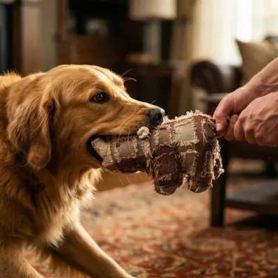 A Golden Retriever dog engaging in tug of war with a rhinoceros plush dog toy.