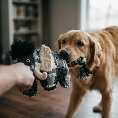 Golden Retriever Playing Tug Of War With Mammoth Toy Golden Retriever dog playing tug of war with a person using the woolly mammoth plush toy.