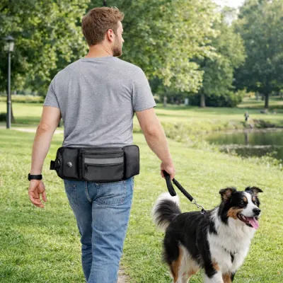 Hands-Free Dog Walking Waist Bag Outdoor Training Gear | Petfairs man walking dog in park using hands free dog training waist bag with leash