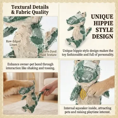 Interactive Alligator Dog Toy Features Infographic Infographic showing alligator dog toy features including internal squeaker raw edged linen and plaid texture.