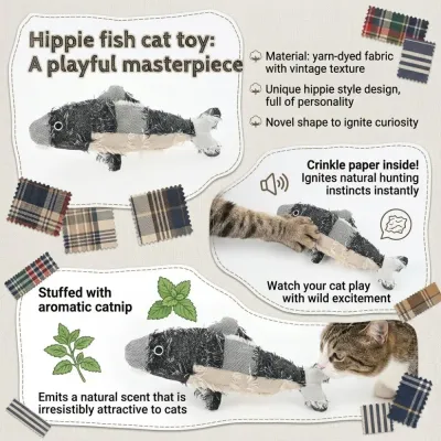 Hippie Fish Cat Toy Features Infographic Infographic explaining cat toy features like crinkle paper and aromatic catnip stuffing.