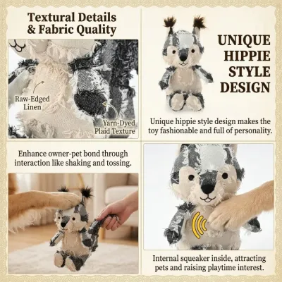 Interactive Squirrel Dog Toy Features Infographic Infographic showing squirrel dog toy features including internal squeaker raw edged linen and plaid texture.