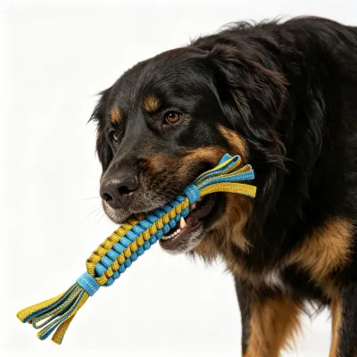 Large Dog with Glow Tug Toy A large black and tan dog holding a blue and yellow braided pet tug toy in its mouth.