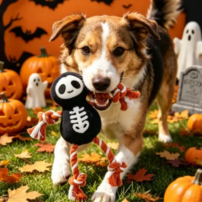 Happy Dog with Halloween Ghost Rope Toy Outdoors on Grass A happy Australian Shepherd dog, outdoors in a yard with scattered autumn leaves and small ghost figures, holds a black plush ghost rope chew toy in its mouth. The background features more pumpkins and a stylized haunted house cutout.