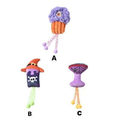 Wholesale Halloween Catnip Toy Assortment – Styles A, B, and C Three labeled Halloween cat toys: (A) Purple eyeball cupcake, (B) Pirate skull witch hat, and (C) Spider web mushroom plush, shown for product selection.