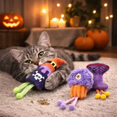 Cat Playing with Halloween Plush Toy in Spooky Setting A grey tabby cat biting a witch hat toy on a rug, surrounded by pumpkins and warm candlelight.