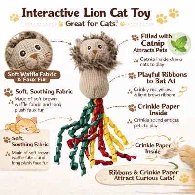 Interactive Lion Cat Toy Features – Catnip, Crinkle Paper & Ribbons | Petfairs lion cat toy with catnip crinkle paper and ribbons interactive cat toy features