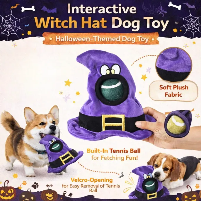 Interactive Witch Hat Dog Toy Features – Squeaky Plush with Hidden Tennis Ball Halloween dog toy with built-in tennis ball squeaker plush and velcro opening design