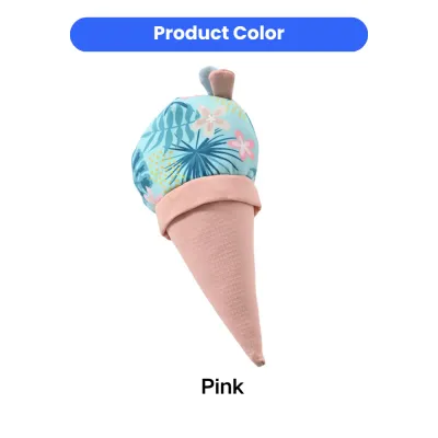 Pink-Blue-Summer-Ice-Cream-Pet-Toy Product photo of the "Pink" color variant ice cream pet toy featuring tropical floral patterns and a waffle-textured cone.