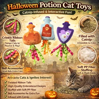 Infographic showing Halloween cat toys features including catnip filling, crinkle ribbon tails, bell accessories, and soft PP fiber stuffing