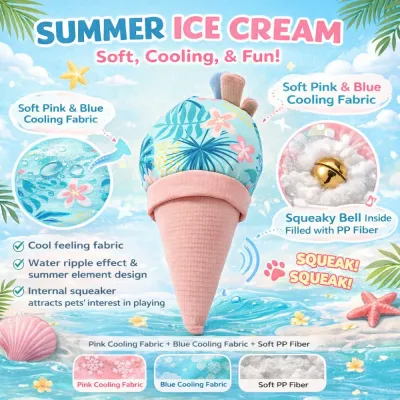 Summer-Ice-Cream-Pet-Toy-Features-Infographic Infographic highlighting features: cooling fabric, water ripple design, internal squeaker, and soft PP fiber filling.