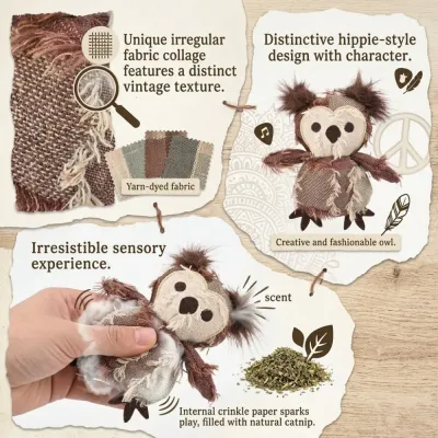 Owl Catnip Toy Features And Material Infographic Infographic for petfairs owl toy showing yarn dyed fabric crinkle paper and natural catnip.