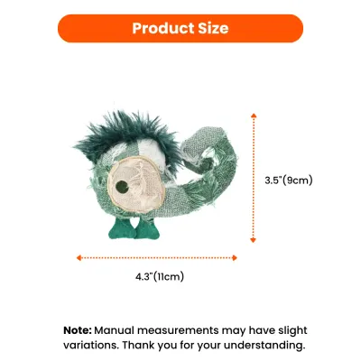 Hippie Chameleon Cat Toy Size Dimensions Chart Size chart for petfairs chameleon cat toy showing a height of 3.5 inches and length of 4.3 inches.