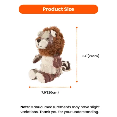Lion Plush Dog Toy Dimensions Size Chart Size chart for the lion dog toy showing a height of 9.4 inches and width of 7.9 inches.