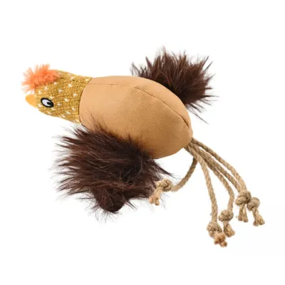 High-resolution close-up of a plush chicken-shaped cat toy with fuzzy brown wings and knotted jute rope tails.