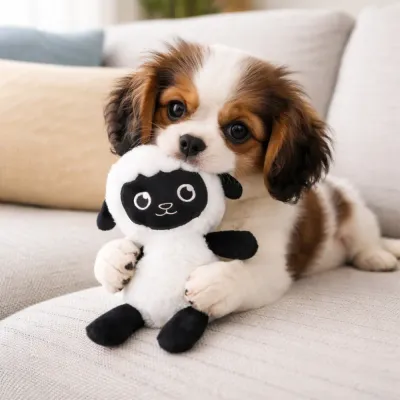 Cute Puppy Playing with Plush Sheep Dog Toy Indoor Scene cute puppy playing plush sheep dog toy indoor sofa interactive pet toy