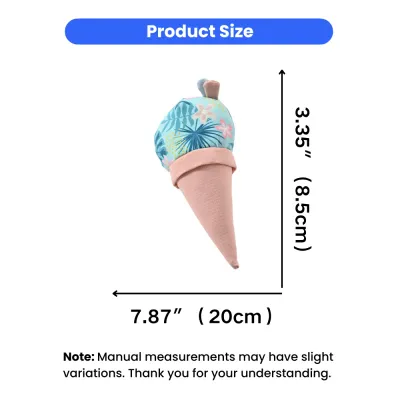 Pet-Ice-Cream-Toy-Size-Dimensions Size chart showing the plush ice cream toy measures 7.87 inches (20cm) in length and 3.35 inches (8.5cm) in width.