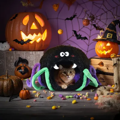 A small grey kitten sleeping peacefully inside a black plush spider bed with a Halloween background.