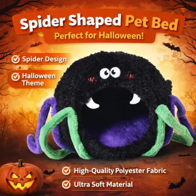 Infographic for a spider-shaped pet bed highlighting high-quality polyester and ultra-soft material.