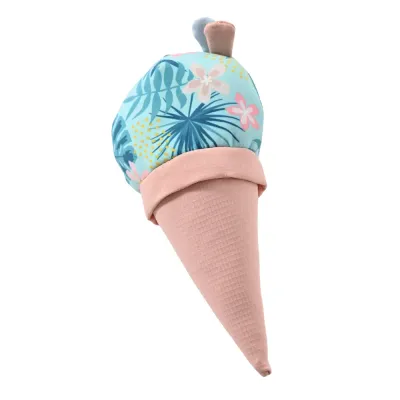 Tropical-Floral-Ice-Cream-Plush-Toy-Detail Close-up isolated view of the ice cream toy scoop showing blue tropical leaf and pink hibiscus flower patterns.