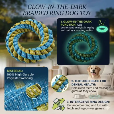 Glow in the Dark Braided Dog Toy Features | Durable Interactive Chew Toy glow in the dark dog toy with braided texture for dental cleaning and interactive play