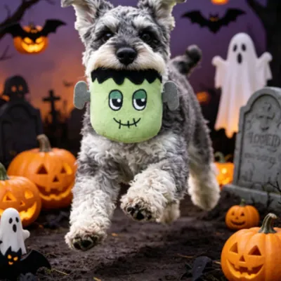 dog running with halloween plush toy pumpkin graveyard themed dog toy scene