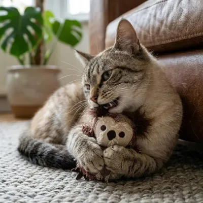Cat Playing With Hippie Owl Catnip Toy Grey tabby cat biting and holding a shaggy owl catnip toy from petfairs.