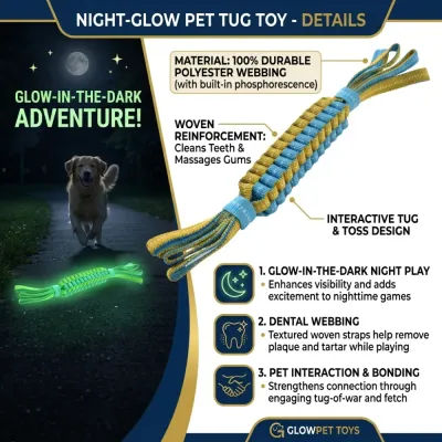 Glow-in-the-Dark Pet Toy Features Infographic showing a glowing dog toy at night with features: Night play visibility, dental webbing for plaque removal, and bonding through interaction.