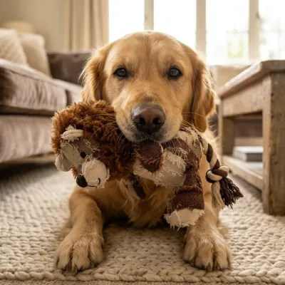 Golden Retriever Playing With Lion Plush Toy Golden retriever dog gently holding the lion plush toy in its mouth at home.