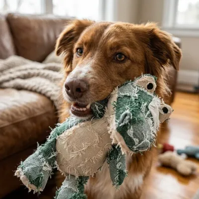 Dog Playing With Alligator Plush Chew Toy A brown dog holding the green alligator plush toy in its mouth to demonstrate interactive bonding and play.