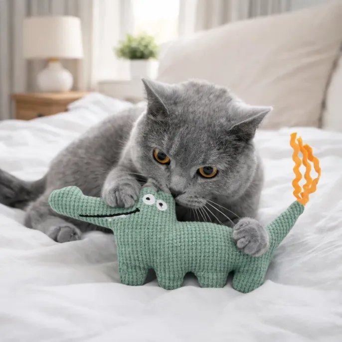 Cat Playing with Catnip Alligator Toy Indoor Plush Cat Toy cat biting alligator catnip toy plush interactive toy for indoor cats soft fabric