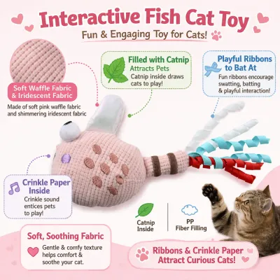 interactive fish cat toy features catnip crinkle paper ribbons soft fabric