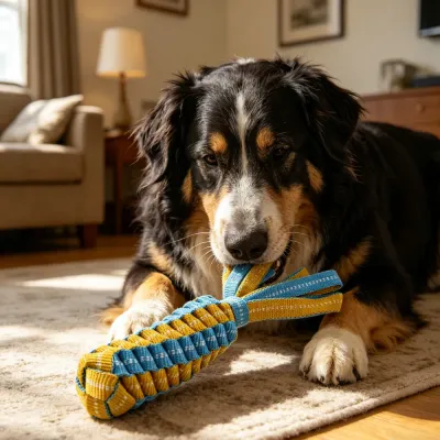 Interactive Dog Tug Toy for Home Use | Durable Chew Toy | Petfairs dog playing with braided rope tug toy at home durable chew toy for indoor interactive play
