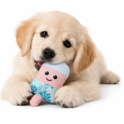 Golden Retriever Puppy with Ice Pop Toy A cute Golden Retriever puppy lying down and chewing on a pink and blue summer ice pop dog toy.