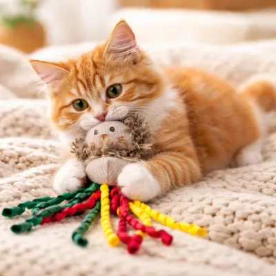 Cat Playing with Lion Cat Toy at Home – Interactive Catnip Toy | Petfairs cat playing with lion cat toy on bed catnip plush toy indoor play
