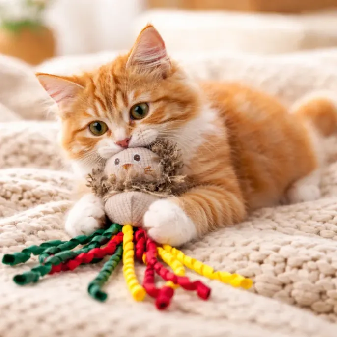 Cat Playing with Lion Cat Toy at Home – Interactive Catnip Toy | Petfairs cat playing with lion cat toy on bed catnip plush toy indoor play