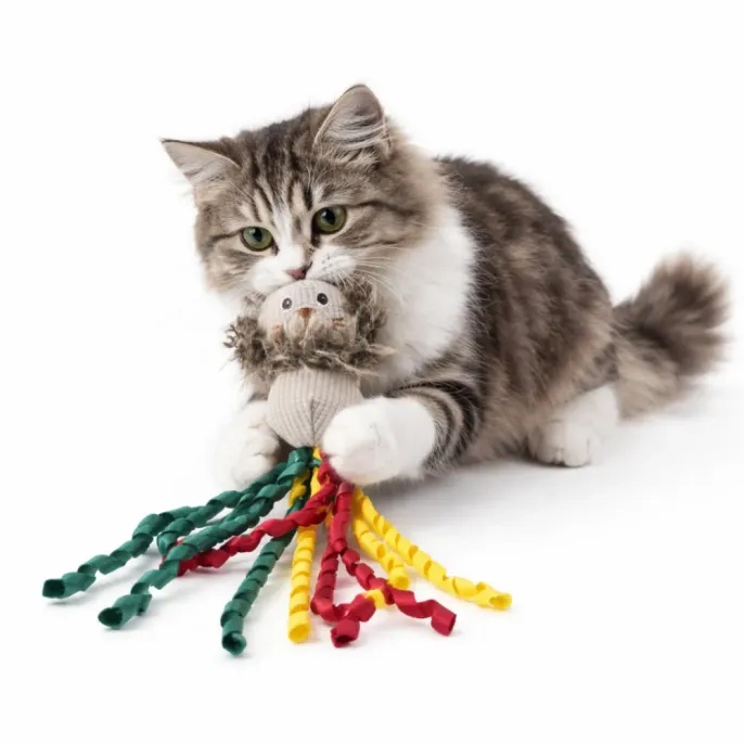Interactive Lion Cat Toy with Cat Playing – Catnip Plush Toy Wholesale | Petfairs cat playing with lion cat toy with ribbons catnip plush interactive cat toy bulk