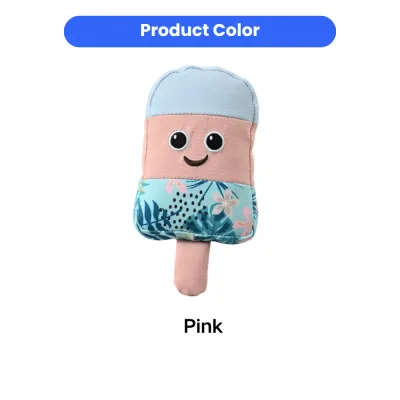 Pink Summer Ice Pop Dog Toy Front view of a pink ice pop-shaped dog toy with a smiling face and tropical leaf patterns.