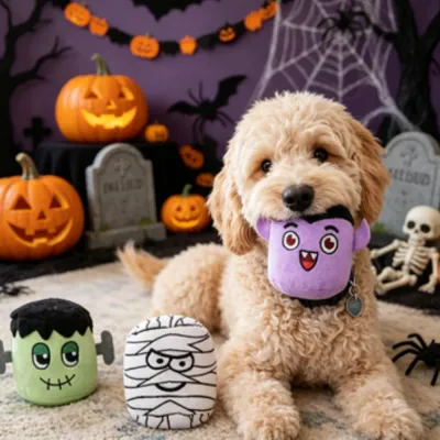 dog playing with halloween plush toys set vampire mummy frankenstein toys