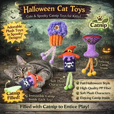 Ultimate Halloween Cat Toy Collection for Kittens A purple plush cupcake cat toy featuring a creepy eyeball design, orange base, and dangling pink ribbons with pom-poms.