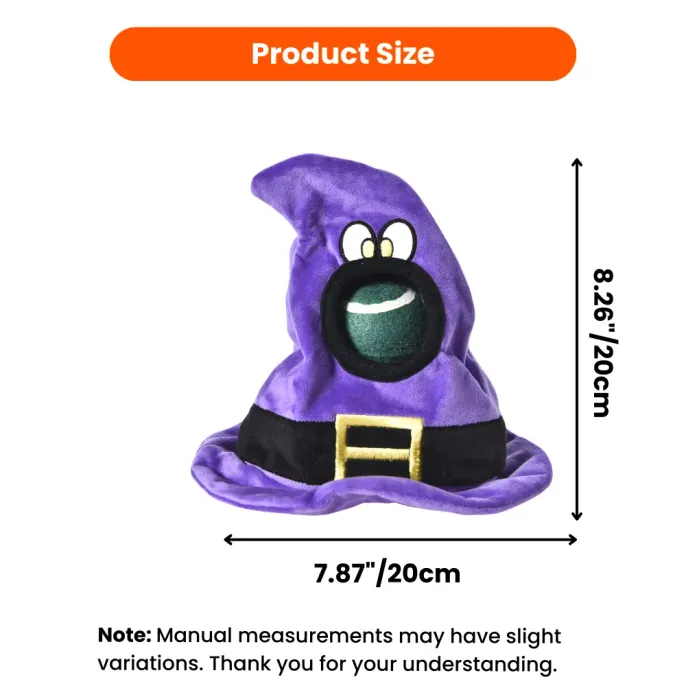 Halloween Dog Toy Size Guide – Witch Hat Plush with Tennis Ball | Petfairs Halloween witch hat dog toy size 20cm plush interactive dog toy with built-in tennis ball