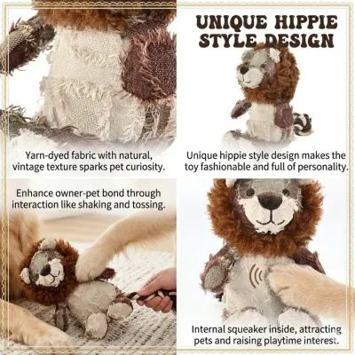 Lion Interactive Dog Toy Features Infographic Infographic explaining shaggy fabric internal squeaker and interactive play benefits of the lion dog toy.