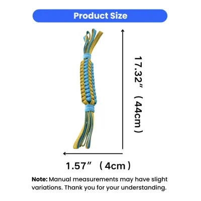 Pet Tug Toy Dimensions and Specs Product size chart showing the dog tug toy is 17.32 inches (44cm) long and 1.57 inches (4cm) wide.