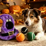 Halloween Dog Toy Lifestyle Scene – Plush Witch Hat with Tennis Balls dog with halloween themed plush toy and tennis balls surrounded by pumpkin decorations
