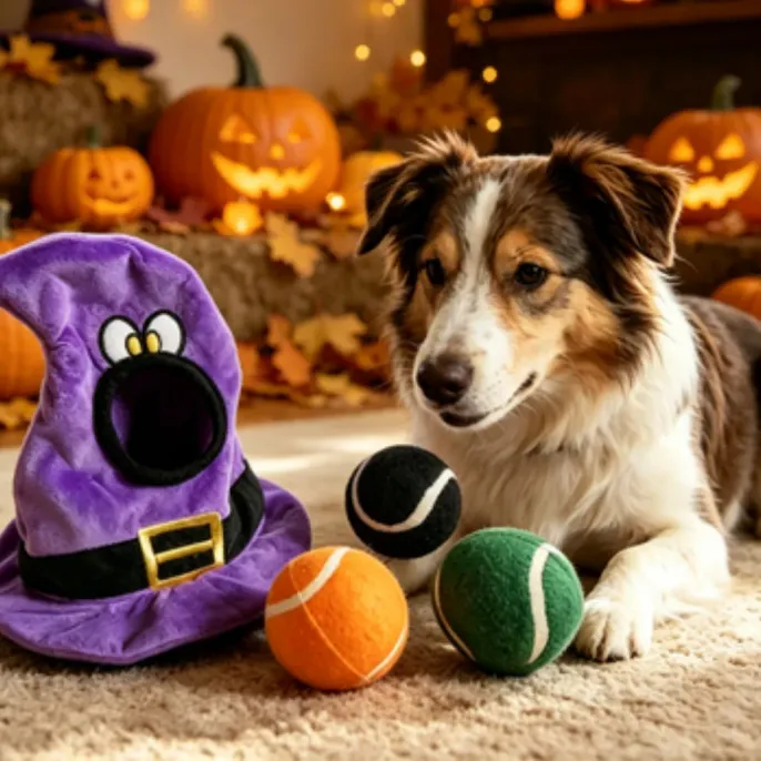 Halloween Dog Toy Lifestyle Scene – Plush Witch Hat with Tennis Balls dog with halloween themed plush toy and tennis balls surrounded by pumpkin decorations