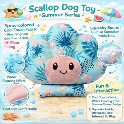 scallop dog toy cooling fabric floating squeaky dog toy summer pet toy features infographic