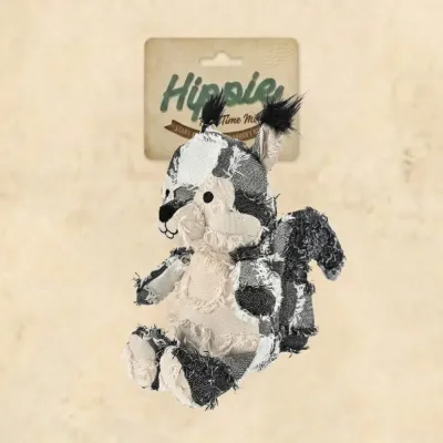 Hippie Tale Theater Squirrel Dog Toy Packaging Hippie Tale Theater branded squirrel plush dog toy with vintage style eco friendly cardboard packaging.