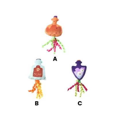 Assorted Halloween catnip toys set labeled A B C including potion bottle plush designs with crinkle ribbon tails and bell accessories for wholesale pet supplies
