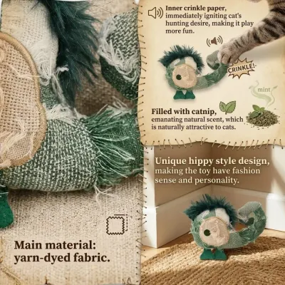 Interactive Chameleon Cat Toy Material And Features Infographic explaining petfairs chameleon toy features including yarn dyed fabric crinkle paper and natural catnip.